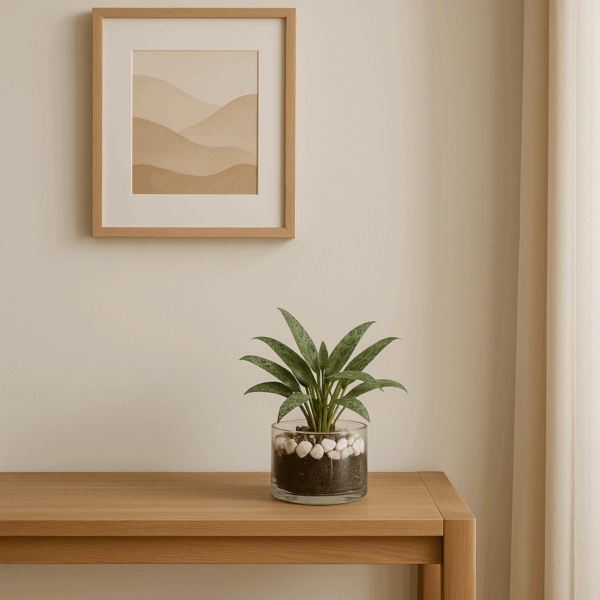 Planta Jirafa en maceta de vidrio con ágatas de río y cuarzo blanco - Imagen 2